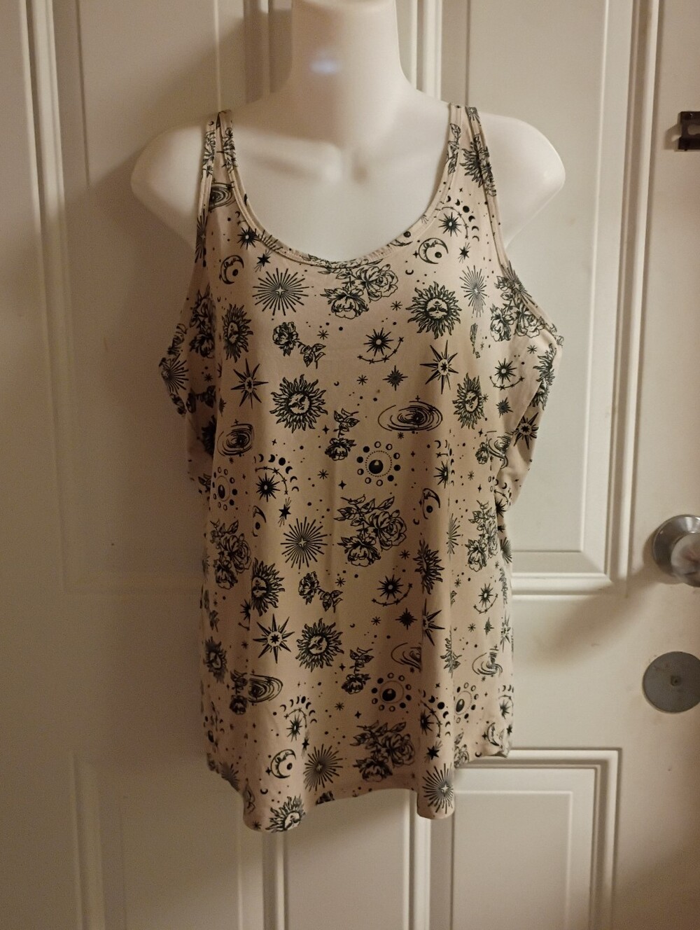 Celestial Print Scoop Neck Tank Top - Beige with Black Stars